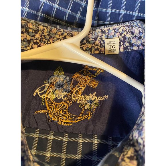 Robert Graham Long Sleeve Shirt Mens XL Plaid Check Blue Floral Flip Cuff - Picture 5 of 10